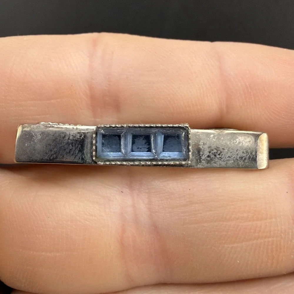 Vintage Cufflink‎ Tiebar Clip Set Silver Tone Blue Rhinestone